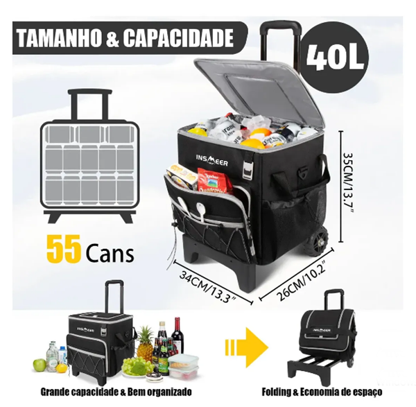 Bolsa Térmica Insmeer com Rodas e Alça de Ombro, 40 L para 60 Latas, Preta
