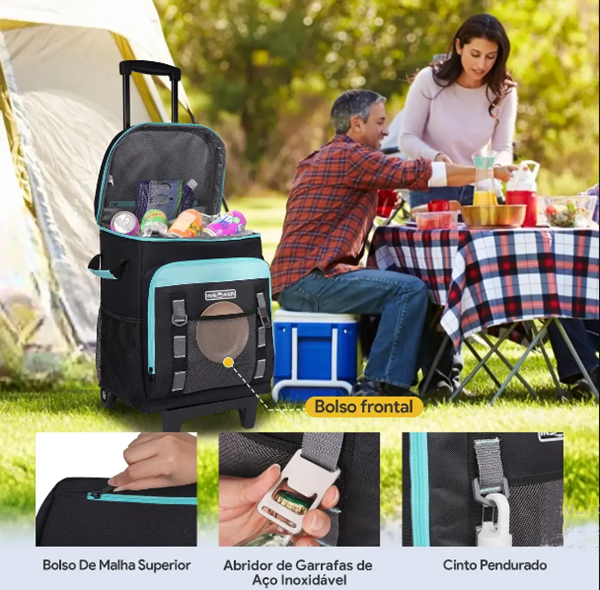 Bolsa Térmica com Rodas Grande 50 Litros/80 Latas Compartimento Superior Portátil Mantenha Frio e Quente Perfeito para Praia Camping